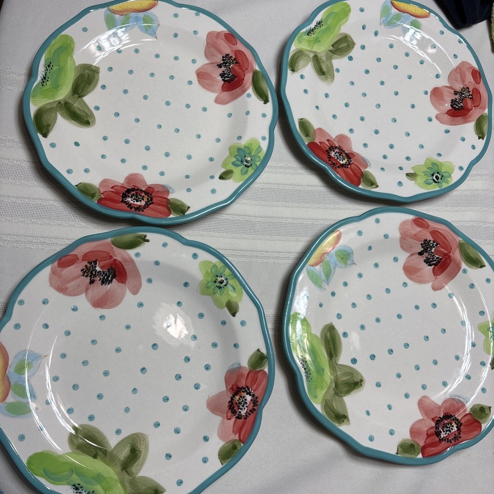 Set Of 4 The Pioneer Woman Turquoise Floral Dinner Plates 10.5" In Vintage Bloom